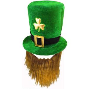St. Patrick's Day Green Leprechaun Top Hat with Beard Irish Shamrock Velvet Hat (Brown)