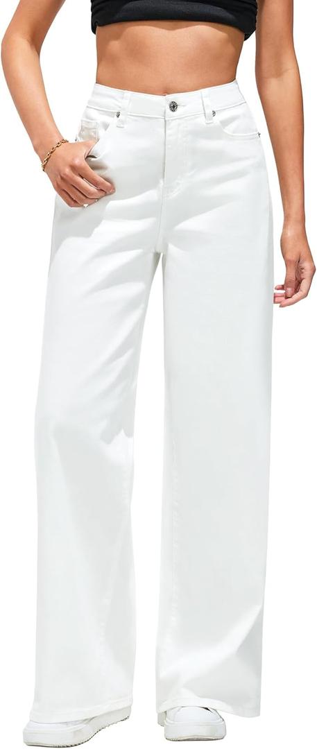 LookbookStore Wide Leg Jeans for Women High Waisted Stretchy Denim Jeans Fashion Baggy Trouser Jean Pants with Pockets (Small, Ivory White)