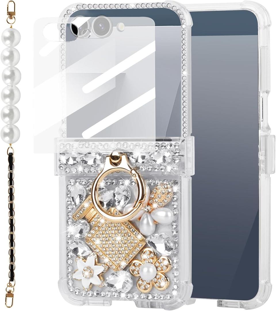 for Samsung Galaxy Z Flip 7 Case 3D Cute Handmade Sparkle Stunning Stones Crystal Diamond Bling Glitter Cover with Strap Hinge Protection & Screen Protector Case