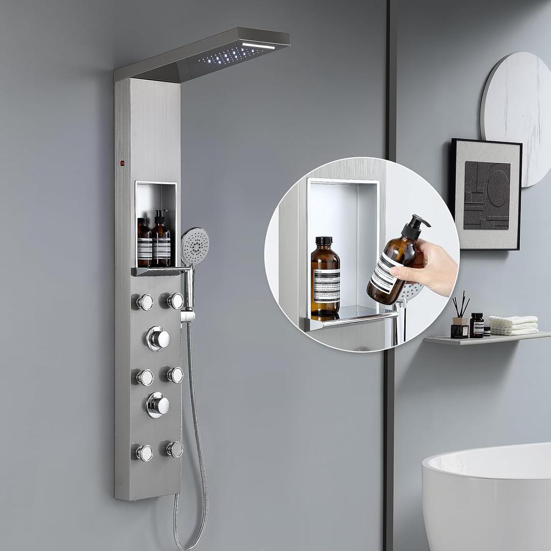 ROVATE LED Shower Panel Tower System with Shelf, Brushed Rainfall Waterfall Shower Tower with 6 Angle Adjustable Body Jets, Self-Cleaning Handheld, Powerful Shower Column Stainless Steel