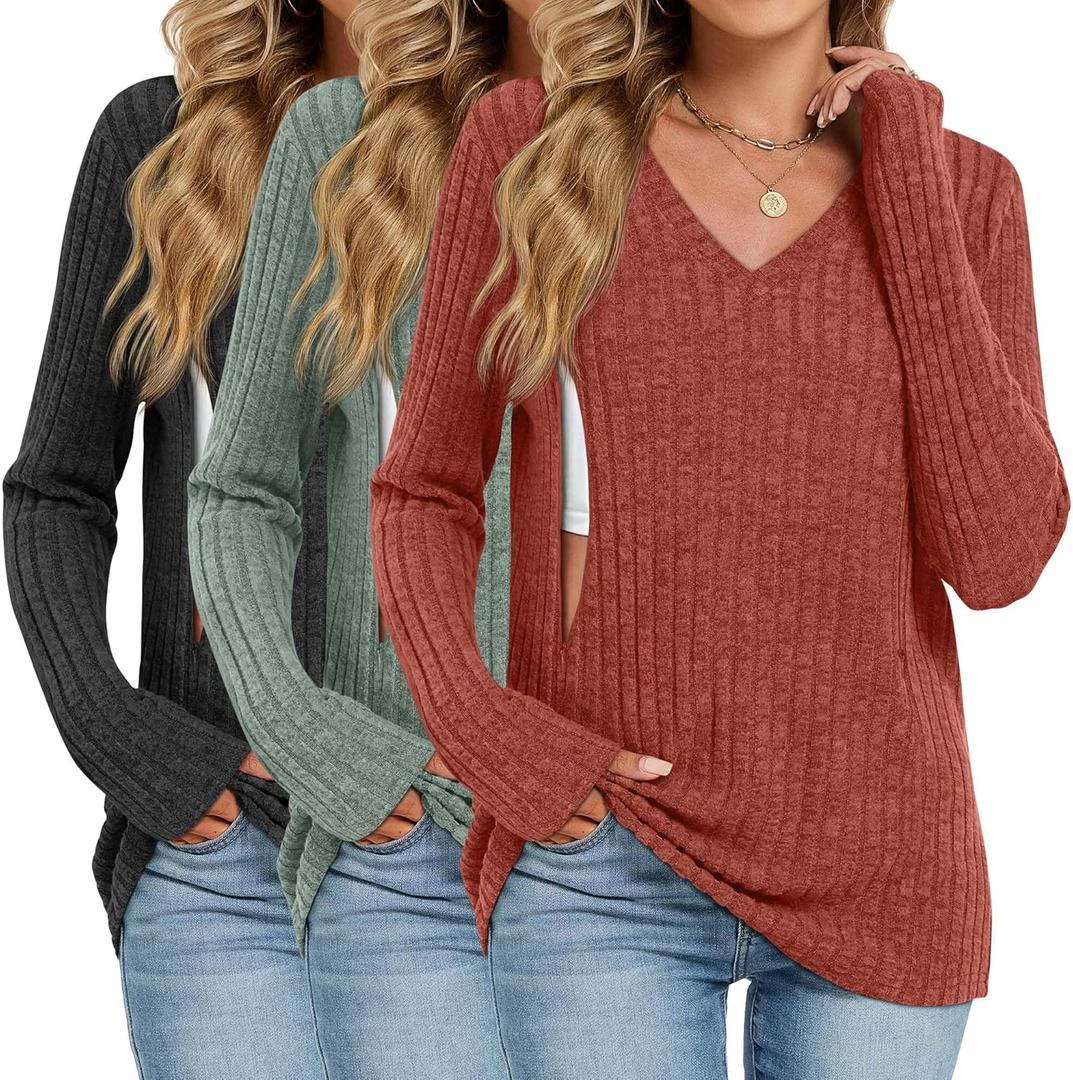3 Pack Women's Maternity Nursing Tops, V Neck Breastfeeding Sweaters Long Sleeve Hidden Zipper Shirts (Medium, Black, Green, Brick Red)