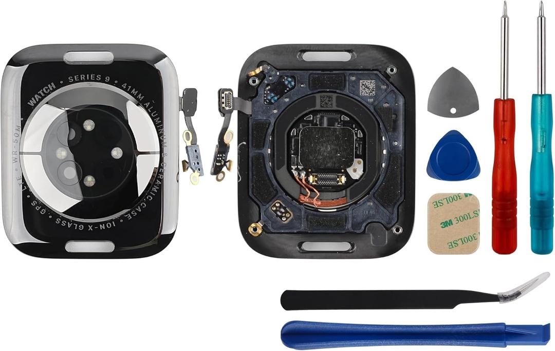 New Back Cover Glass Heart Rate Part Connector+NFC Compatible with Apple Watch Series 9 41mm Model A2982, A2984, A2983, A2985 (Cellular/LTE+GPS) with Upgraded Repair Tools Kit