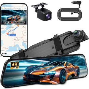 4K Mirror Dash Cam with Carplay&Android Auto,10" Rear View Mirror Camera for Cars/Trucks with Voice Control/Real 64GB Card/Touch Screen/Parking Monitor/Reverse Assist/Dual Loop Record/WDR Tech