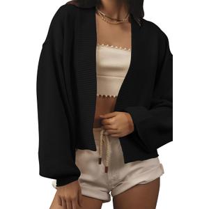 Women's Open Front Cropped Cardigan Lightweight Fall Long Sleeve Waffle Knit Cardigans (Black, S)