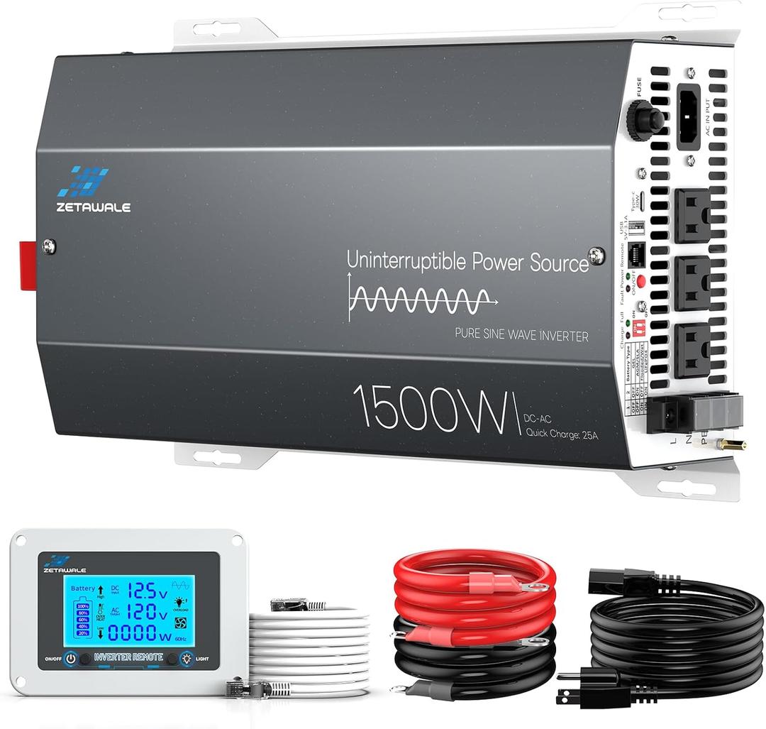 1500W Sump Pump Battery Backup System, Pure Sine Wave Power Inverter with Charger, Backup System for Power Outage, LCD Screen Remote Controller, Automatic Switching for Grid and Battery 