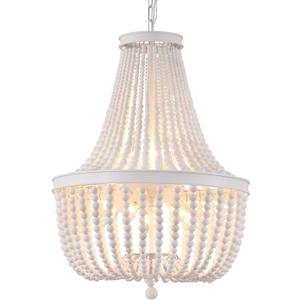 Q&S Beaded Chandelier Farmhouse White Wood Beaded Boho Light Fixture Vintage Antique 8 Lights for Dining Room Nursery Kitchen Foyer Bedroom Living Room UL Listed