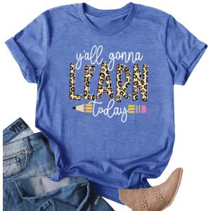 FCGHSII Teacher T Shirt for Women: Learning Teach T-Shirts Leopard Teachers Tees Teaching Gifts Short Sleeve, L