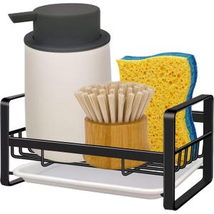 VANTEN Kitchen Sink Caddy Sponge Holder Organizer, Sink Tray Drainer Rack, Soap Dish Dispenser Brush Holder Storage Accessories - Countertop or Adhesive Wall Mount, Matte Black Stainless Steel