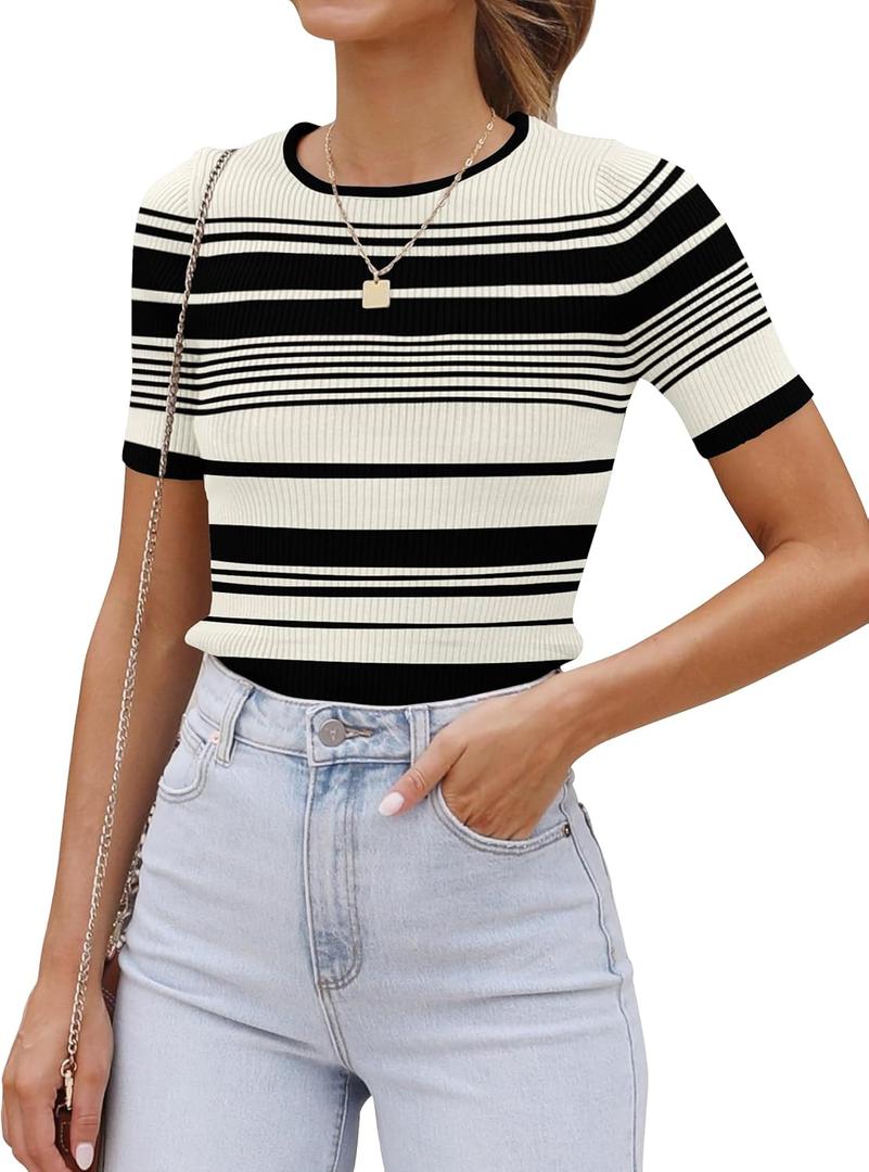ZESICA Women's Short Sleeve Crewneck Striped T Shirt 2025 Summer Ribbed Knit Slim Fit Casual Basic Tee Tops (Ivory)