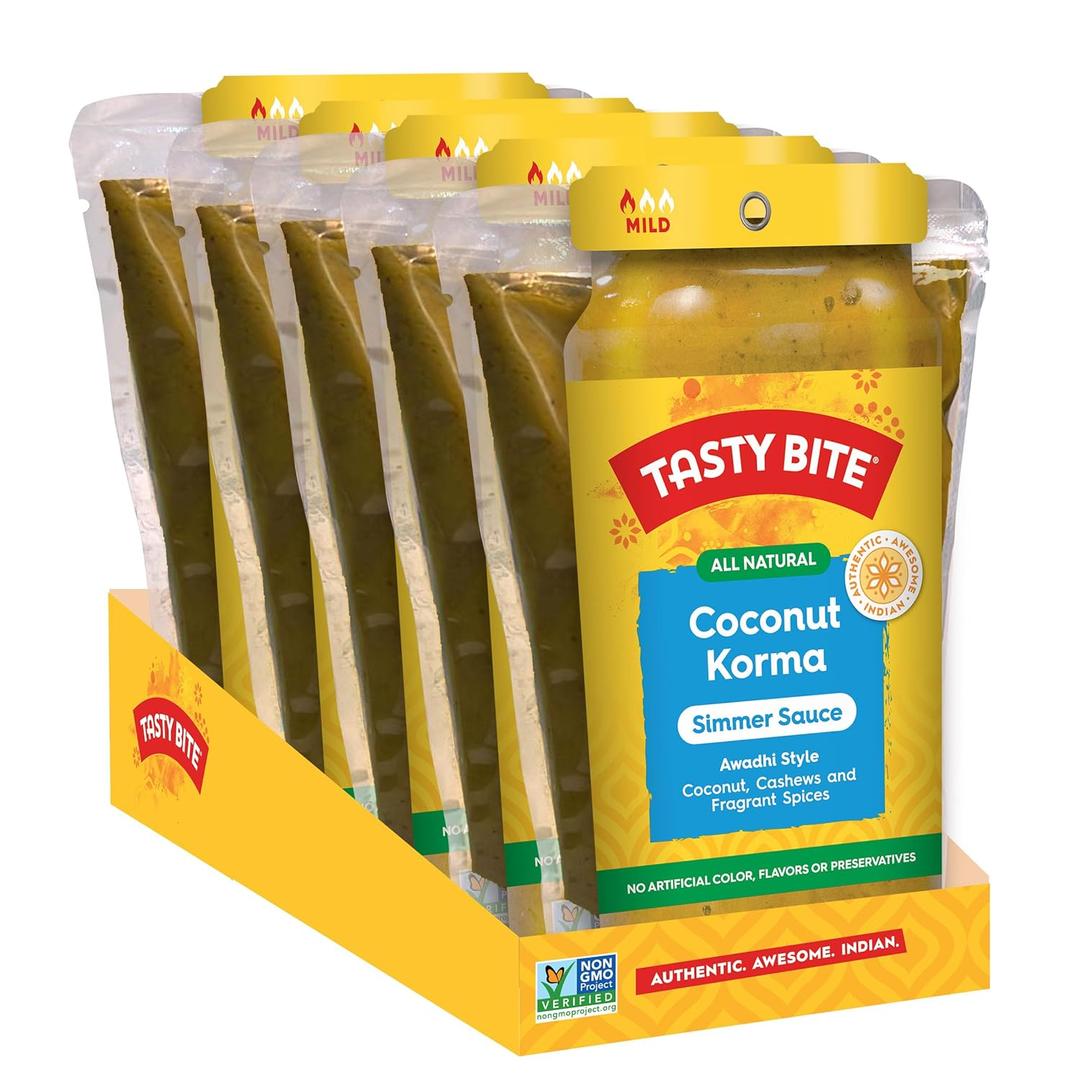 Tasty Bite Awadhi Style Coconut Korma Simmer Sauce, 7-Ounce 5-Pack, 3-4 Servings Per Pouch, Coconut, Cashews, Vegan, BB: JUN 30,2026