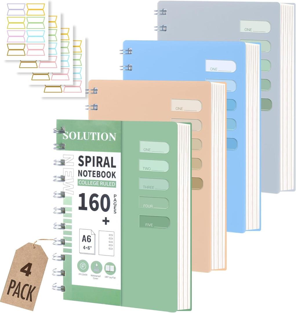 Yoment 4 Pack Small Spiral Notebooks, A6 4.1"x 5.7" Notebook Hardcover Pocket Notepad, 160 Pages College Ruled Spiral Bound Small Notebooks for Note Taking, Journaling, Study, 4PCS Index Tabs