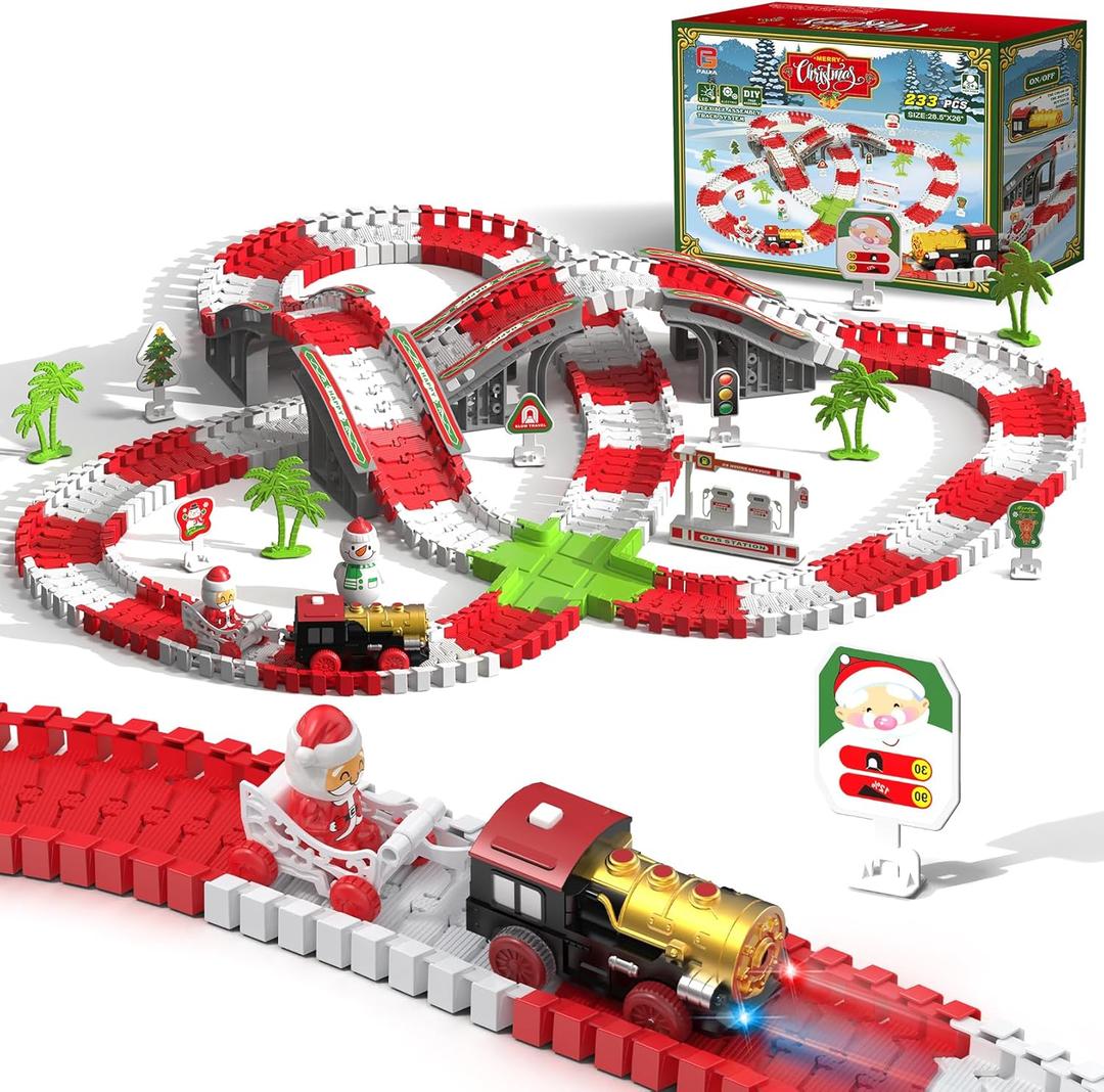 Christmas Race Tracks Toy Sets with 233 Accessories, Tracks Sets Toys Suitable for Child Age 3+,Christmas Theme Race Car Sets Toys Includ Flexible Tracks Electric Train with Lights Gift for Boys&Girls