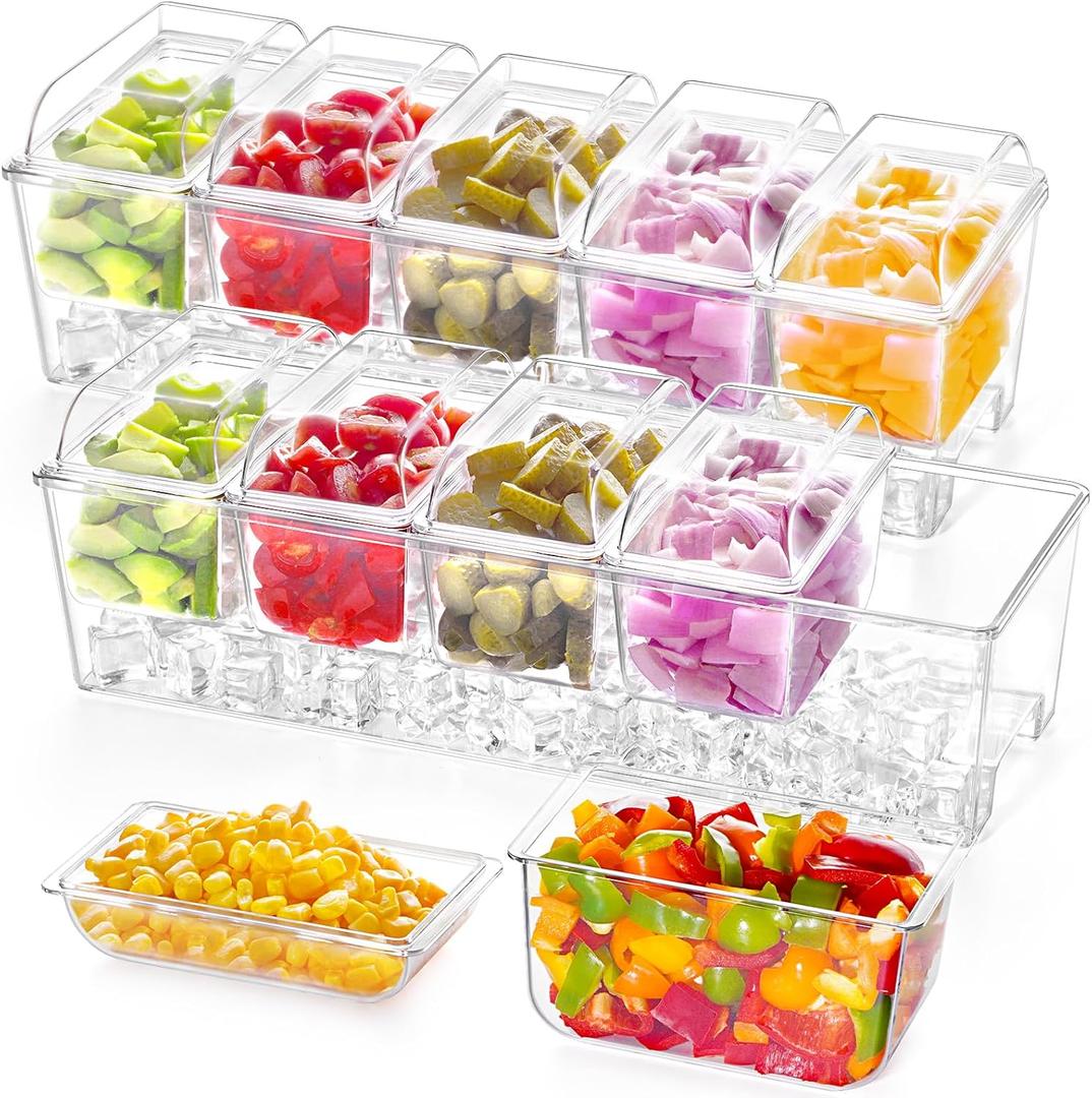 Lifewit 2 Pack Ice Chilled Condiment Caddy with 5 Containers(2.5 cup), Condiment Server with Separate Lids, Serving Tray Platter for Bar Accessories, Fruit, Salad, Taco, Party Garnish