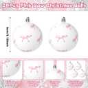 24 Pcs Pink Bow Coquette Christmas Tree Ornaments Balls 3.14 Inch Pink White Christmas Tree Hanging Ornaments Plastic Ball with Ribbon for Xmas Tree Winter Bachelorette Party Holiday Home Decorations
