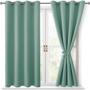 Hiasan Blackout Curtains for Bedroom - Thermal Insulated & Light Blocking Window Curtains for Living Room/Kids Room, 2 Drape Panels Sewn with Tiebacks, Sage Green, 52 x 45 Inch