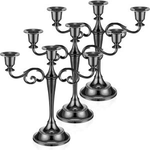 Dandat 3 Pcs 3 Arm Metal Candelabra Candlestick Holders Tall Candlestick Holders Gothic Candle Holder for Home Wedding Church Christmas Party(Classic,10.24 Inch,Black)