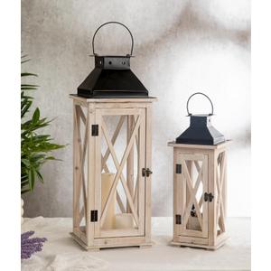 TIMRIS Large Wooden Candle Lanterns Decorative Set of 2, Rustic Farmhouse Whitewash Floor Lanterns, Indoor/Outdoor Hanging Lanterns for Home Decor (No Glass)