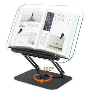 BYMECOST Acrylic Book Stand for Reading, Adjustable Book Holder with 360° Rotating Base & Elastic Page Clips, Foldable Desktop Riser Stand for Cookbook,Laptop,Tablet,Music Scores,Recipe,Textbook,Black