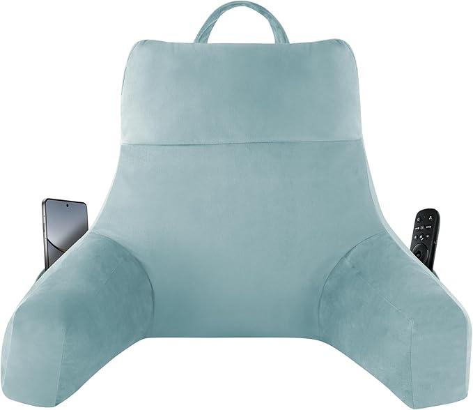 IPYNBAP Reading Pillow with Arms For Adult, Back Pillow for Bed Sitting Up, Shredded Memory Foam Backrest Pillow with Pockets & Removable Washable Cover, Lounging, Watching TV, Reading(20in Lake Blue)