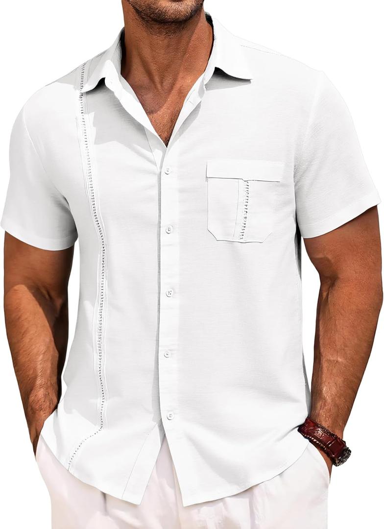 Runcati Mens Cuban Guayabera Shirts Button Down Short Sleeve Shirt Casual Mexican Summer Beach Wedding Tops with Pocket (White)