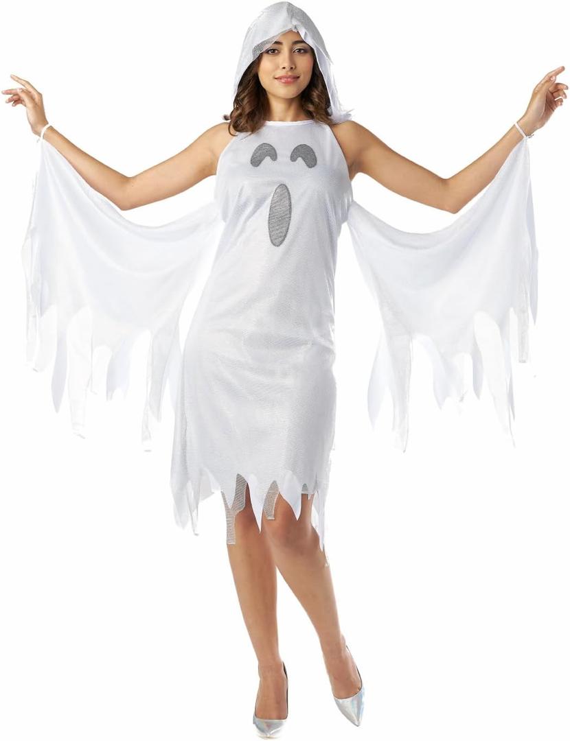 Seasons Shimmer Ghost Costume For Adult, White Hooded Halloween Dress With Black Light Effect (Medium)