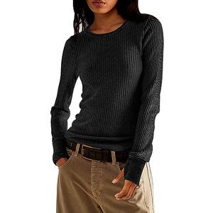 morhuduck Women's Waffle Knit Tops Long Sleeve Shirts Casual Slim Fitted Crew Neck Pullover Shirts,Black L