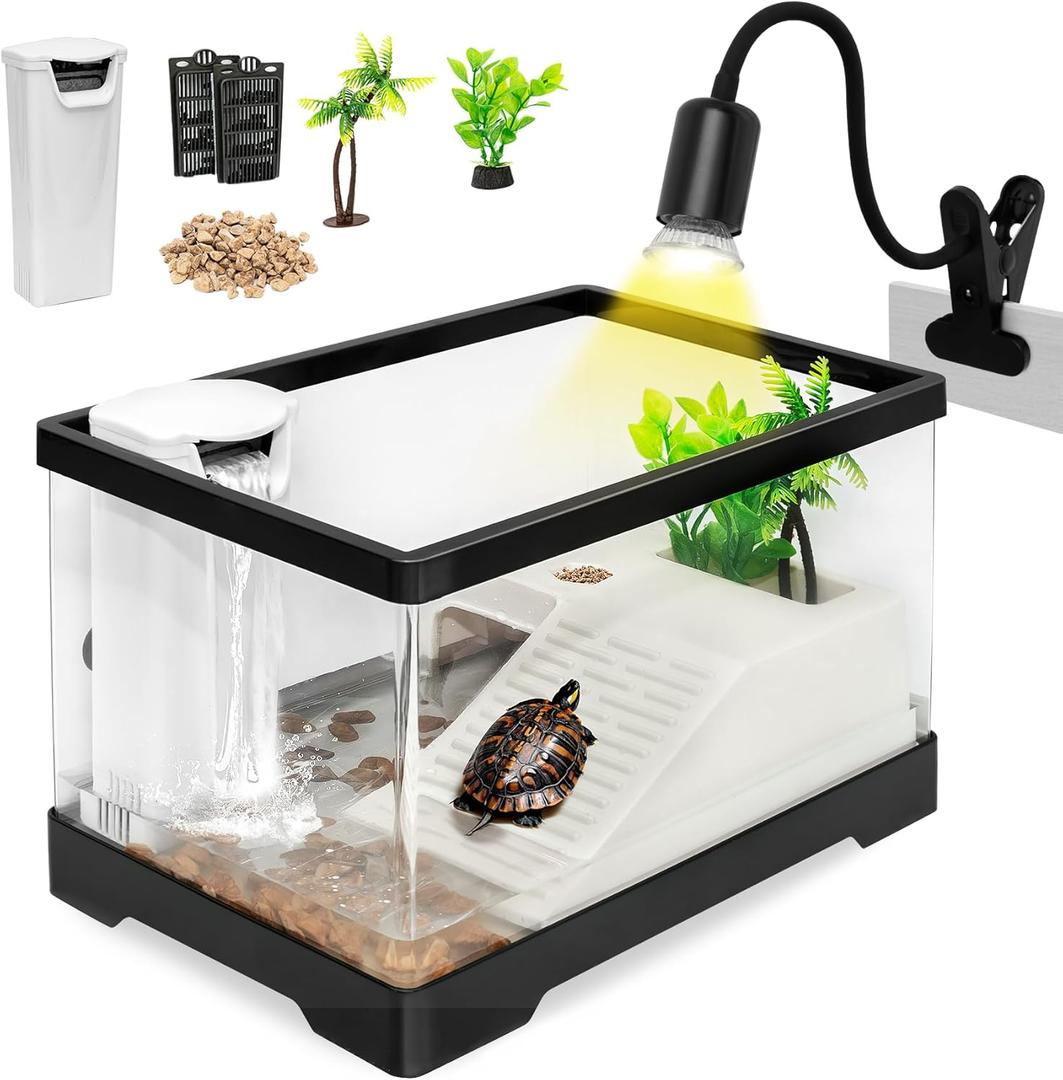 Turtle Tank Kit,PC Small Red Eared Slider Aquarium,Aquatic Baby Tortoise Habitat for Fishes and Amphibians,Include Filter*1,Filter Plates*2,Plants*2,Lamp*1,Bulb*1,Stone*1,Basking Platform*1 (Set)