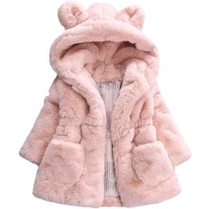 Mallimoda Girls Winter Warm Coats Ear Hooded Faux Fur Fleece Jacket (1-2T, Pink)