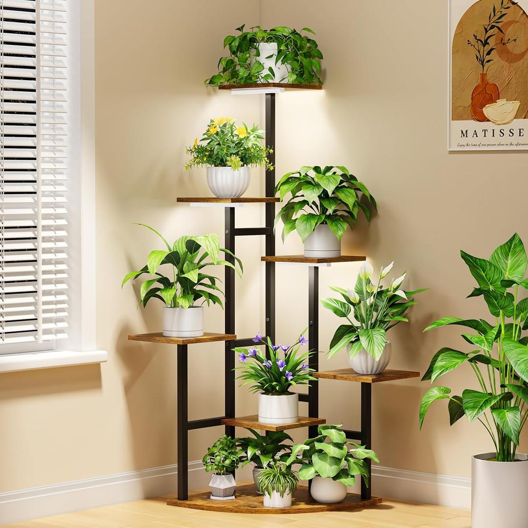 Corner Plant Stand Indoor with Grow Lights, 7 Tiered Plant Shelf Indoor, 43" Corner Plant Stands for Indoor Plants, Metal Plant Flower Display Shelves, Plant Organizer Rack for Living Room, Balcony, Home Decor (Square)