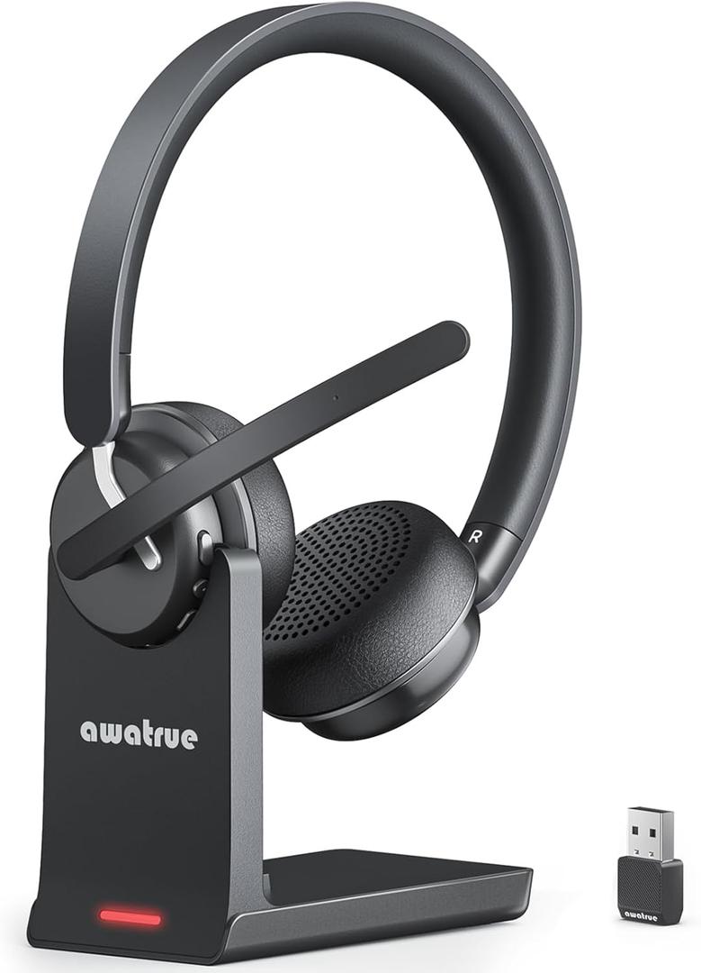 awatrue Wireless Headset with Mic for Work, Bluetooth Headphone with AI Noise Cancelling Mic for Clear Calls, Bluetooth 5.3 & 2.4G Dongle, Computer Headset for Call Center/PC/Zoom