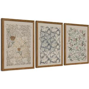 Krtoni 3PCS Framed Vintage William Morris Wall Art, Neutral Abstract Floral Canvas Artwork Prints, Rustic Boho Farmhouse Flower Botanical Picture Paintings for Living Room Bedroom Office 12W x16H