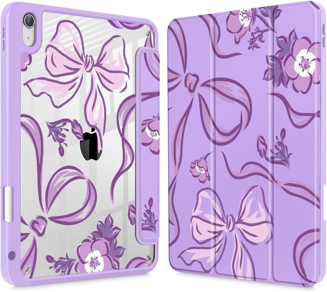 Mektron Case for 2025 iPad 11 inch (A16 Chip) 11th Gen Fit iPad 10th Gen10.9 inch 2022, Buit in Pencil Holder with Shockproof Cover Clear Shell + Trifold Stand, Flowers-Bows-Purple