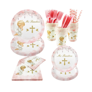 112 PCS Baptism Plates Napkins Cups Decoration for Girl Mi Bautizo Baby Shower First Holy Communion Disposable Party Tableware Newborn Christening God Bless Party Supplies Favors for 16 Guests