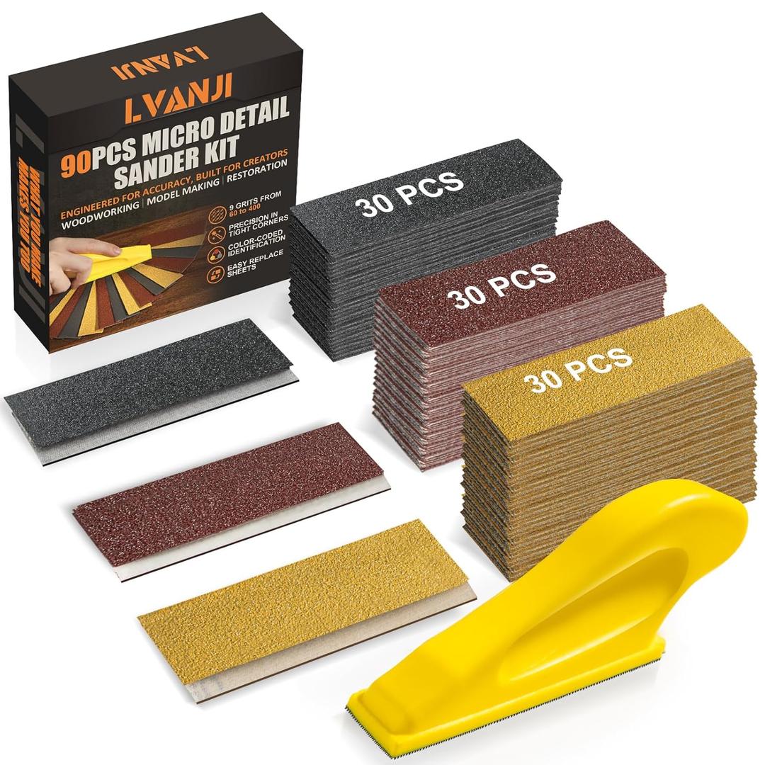 90PCS Premium Micro Detail Sander Kit, Updated 3-in-1 Mini Hand Sanding Block, 60-400 Grit Sandpaper for Wood Crafts, Tight Spaces, and DIY Polishing Projects
