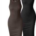 OQQ Women's 2 Piece Dress Sexy Ribbed Halter Neck Fashion Split Tank Tops Dresses Black Darkbrown