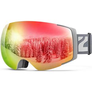 ZIONOR X4 Ski Goggles Magnetic Lens - Snowboard Goggles for Men Women Adult - Snow Goggles Anti-fog UV Protection (B6-grey Frame Revo Red Lens)