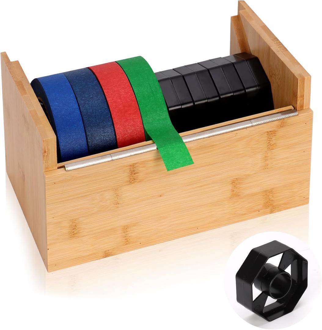 Wood Masking Tape Dispenser Fits 1" and 3" Core Large Tape Dispenser 3 Inch Core Painters Tape Dispenser Multi Roll Tape Holder Craft Tape Dispenser with 8 Pcs 3 Inch Core for Heat Tape (No Tape)