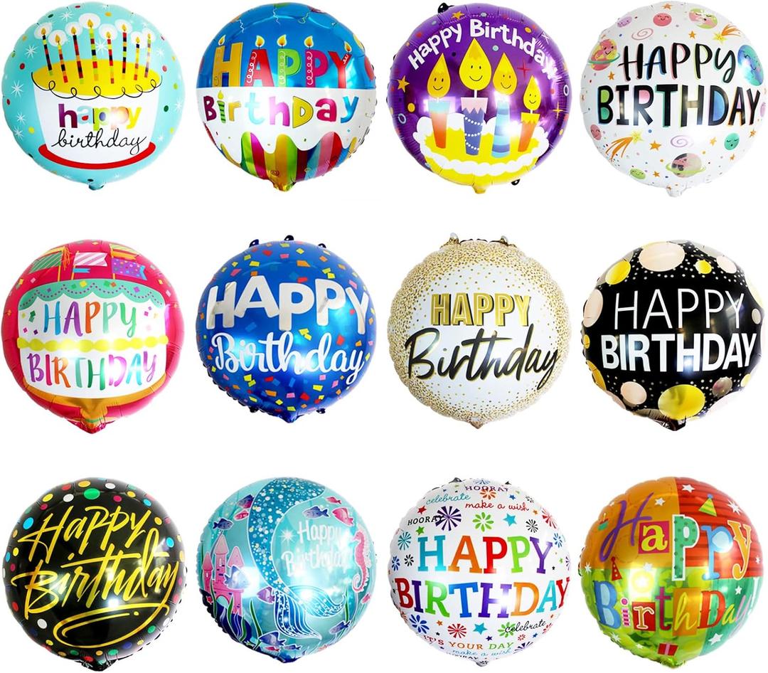 24 Pcs Happy Birthday Foil Balloons 18 inch Round Helium Floating Mylar Balloon Inflatable Balloons for Birthday Party Decorations Supplies,12 Patterns