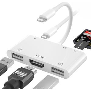 Lightning to HDMI Adapter for iPhone, 6 in 1 TF & SD Card Reader with Charging Port, HDMI Adapter to TV /Monitor/Projector/USB Drive/MIDI /Keyboard/Mouse Suitable for Meeting Speech and Teaching