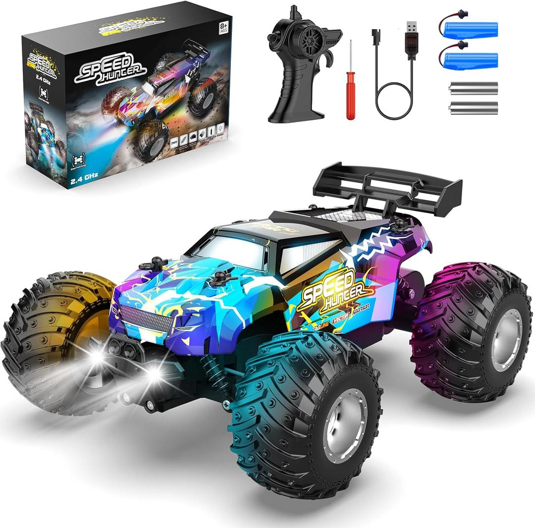 Remote Control Car, All Terrain Remote Control Truck for Boy, 2.4GHz Rc Car with Bodylight and Two Rechargeable Batteries, 20KM/H Monster Truck Toys (Blue)