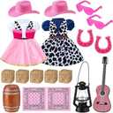 Motionchic 20 Pcs Christmas Elf Cowgirl Costume Set Pink Western Clothes Accessories Holiday Elf Outfits with Lantern Wheel Hay Bales Cactus Guitar  for Christmas Party Decoration