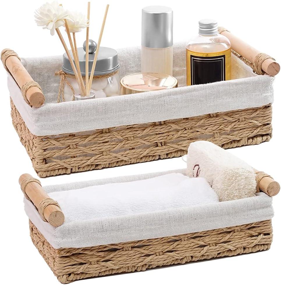 Round Paper Rope Storage Basket, Wicker Baskets for Organizing with Handle, Decorative Bins for Countertop, Toilet Paper Basket for Toilet Tank Top, Small Baskets Set (Set of 2,Beige)