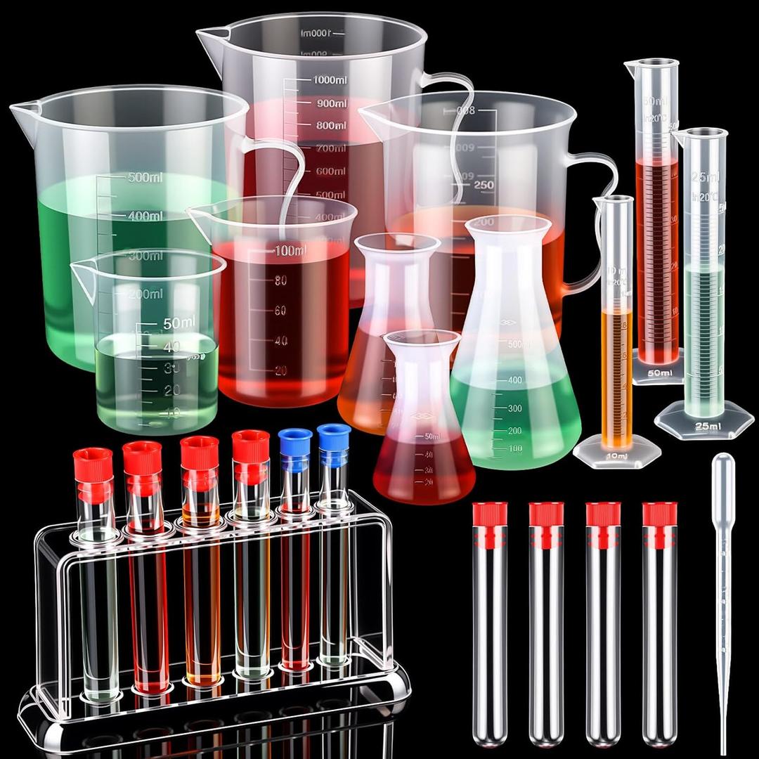 Baderke 28 Pcs Beakers and Test Tubes Set Including 3 Graduated Cylinder 5 Plastic Beakers 3 Erlenmeyer Flask 10 Droppers 6 Plastic Test Tubes with Rack for Home Science Lab Party DIY