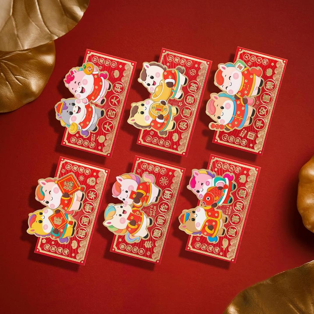 24PCS Cute Cartoon Horse Chinese Red Envelopes, Lunar New Year 2026 Lucky Money Hong Bao Gift for Spring Festival, 6.73.55 Inch-C