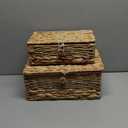 2PCS Wicker Storage Baskets with Lids Decorative Bohemian Handmade Rattan Boxes Natural Water Hyacinth Seagrass Paper Rope Woven Bins Shelf Container Memory Keepsake Photo Makeup Organizer (Set of 2 ( 1 Large 1 Small ))
