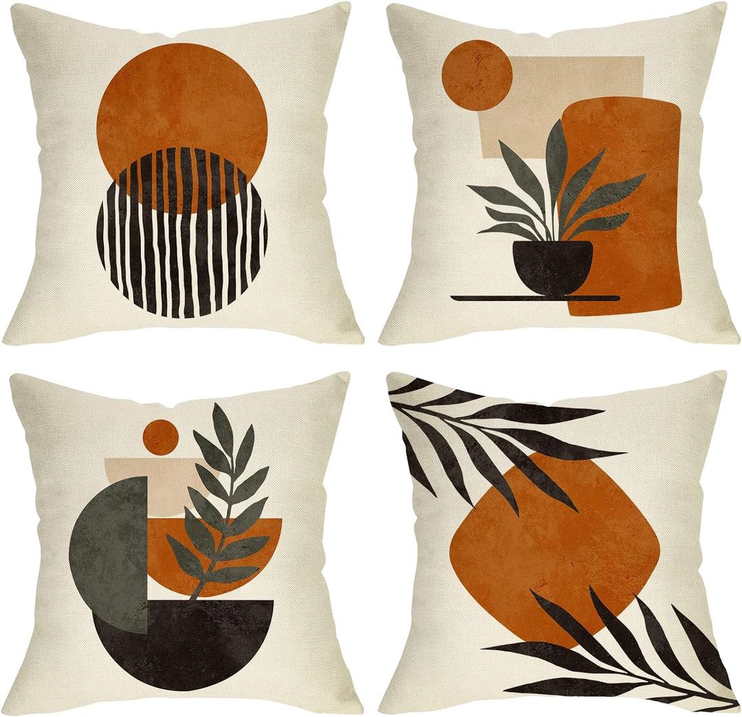 Boho Abstract Sunset Plant Olive Leaves Decorative Throw Pillow Covers Set of 4, Bohemian Geometry Line Pillowcase Decoration, Minimalist Modern Art Aesthetic Cushion Case Home Decor 20x20