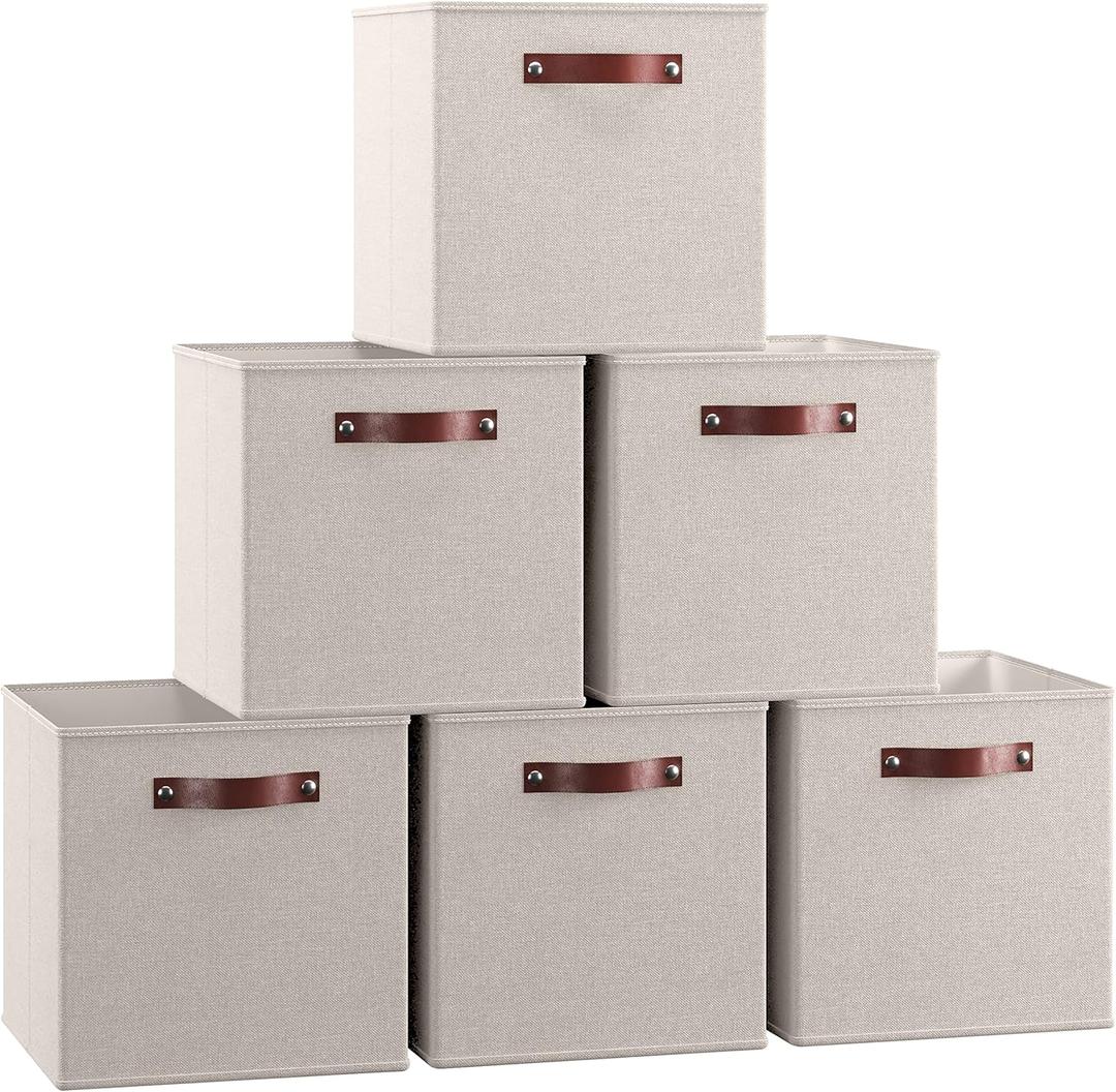 Ornavo Home 13 x 13 Storage Cube Bins, Foldable Collapsible Fabric Storage Bins Box Linen Shelf Basket Cube Organizer for Closet with Leather Handles, 6 Pack, Beige
