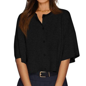 Cicy Bell Womens Half Sleeve Cardigan Sweaters Cropped Button Down Tops Oversized Lightweight Ribbed Knit Summer Outfits, Size L