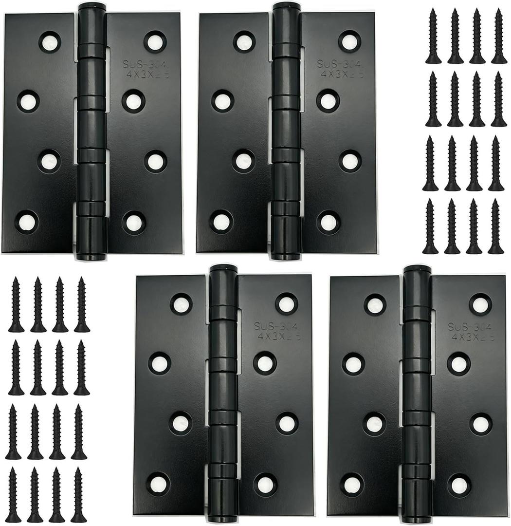 LAFULER 4 Pack Stainless Steel 4in100MM 3in74MM 304 Bearing Door Hinge, with Square Corners for Exterior & Interior Doors, Black Door HingeThickness: 0.075 inches (1.9MM)
