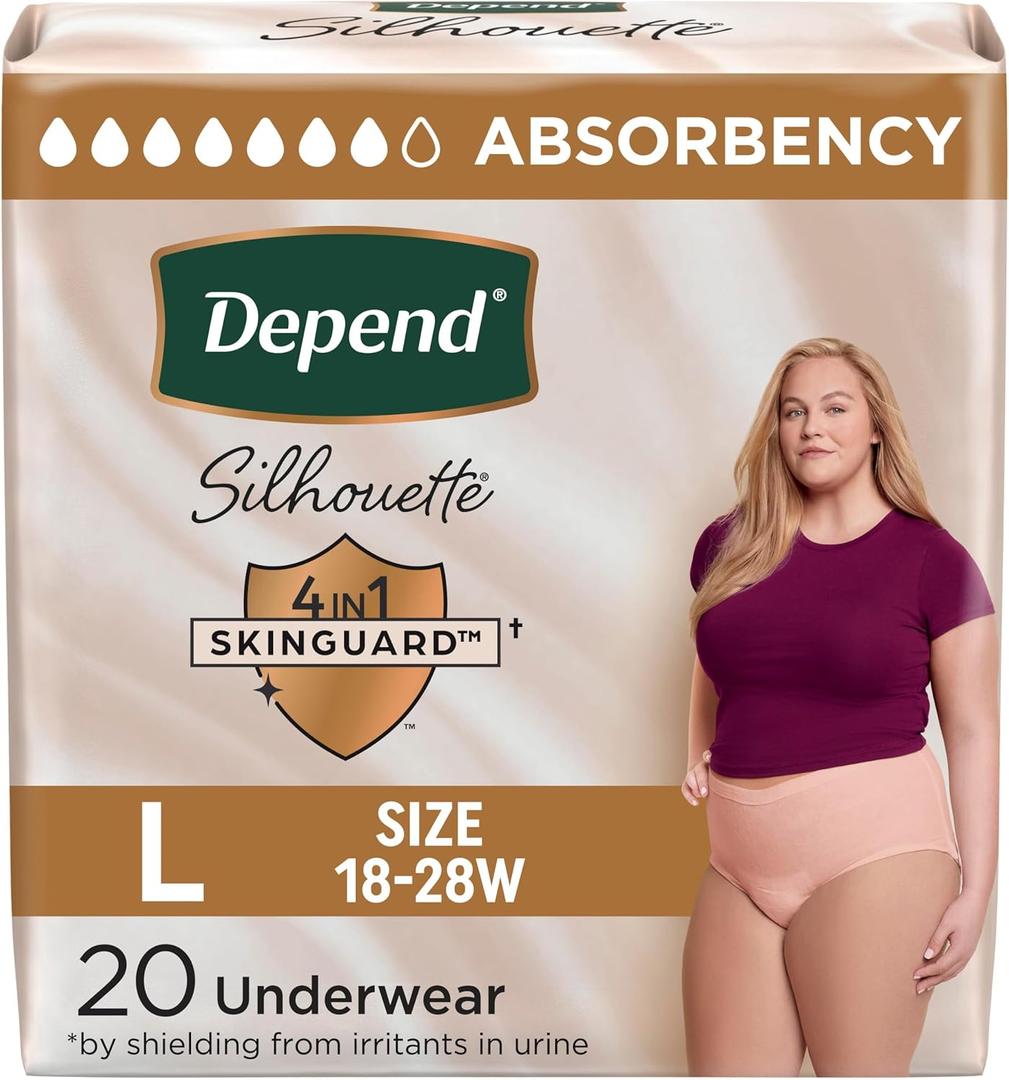 Depend Silhouette Adult Diapers, Incontinence & Postpartum Bladder Leak Underwear for Women, Maximum Absorbency, Large, Pink, 20 Count, 